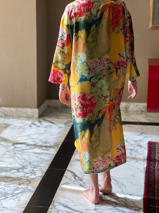 Pink and yellow closed silk kaftan dress