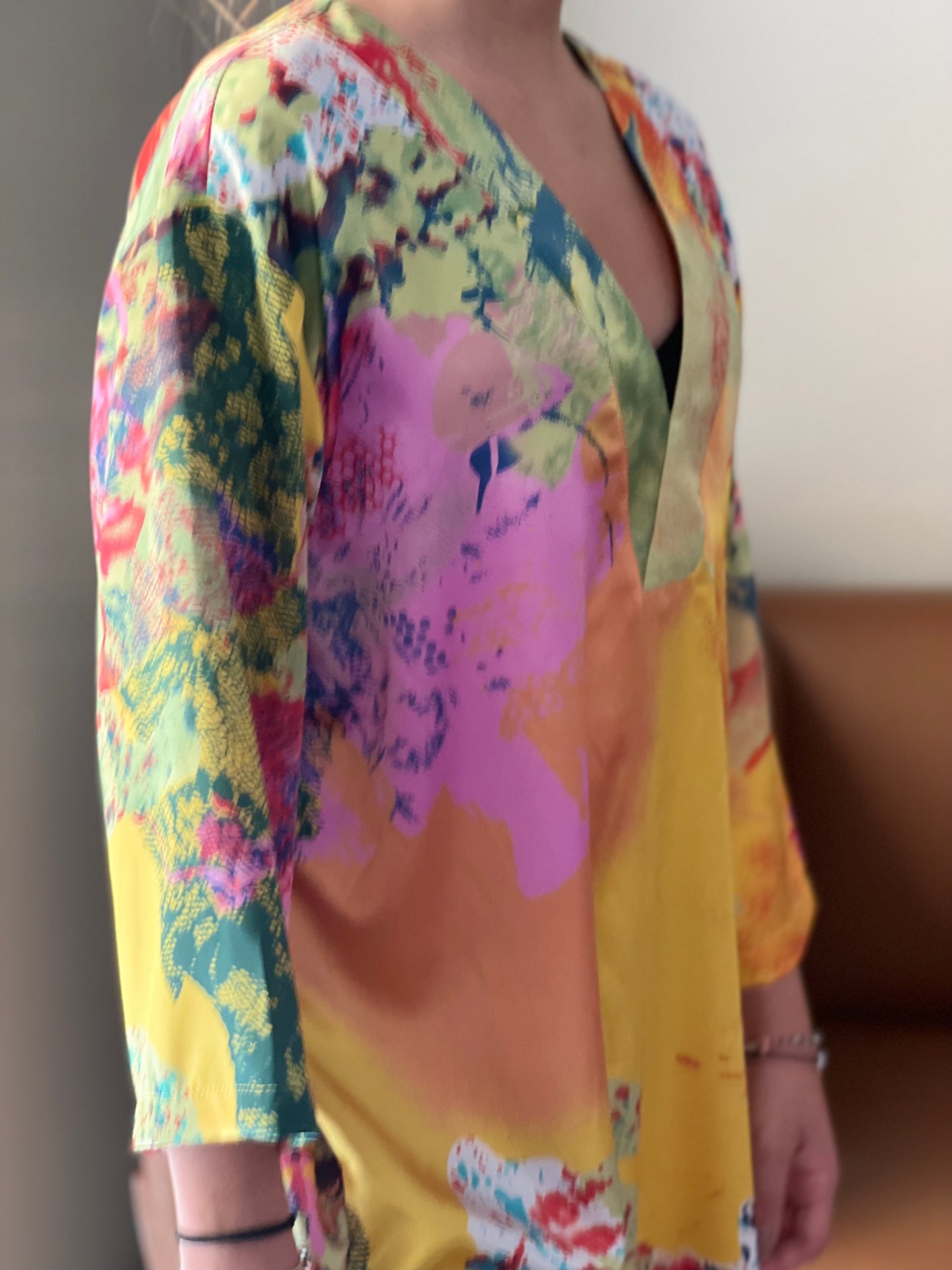 Pink and yellow closed silk kaftan dress