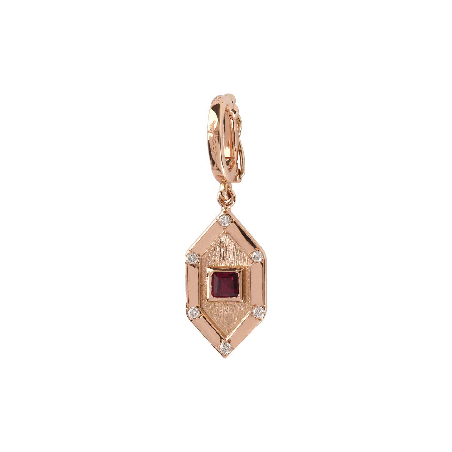 Art Deco charm with princess cut ruby and diamonds in pink gold