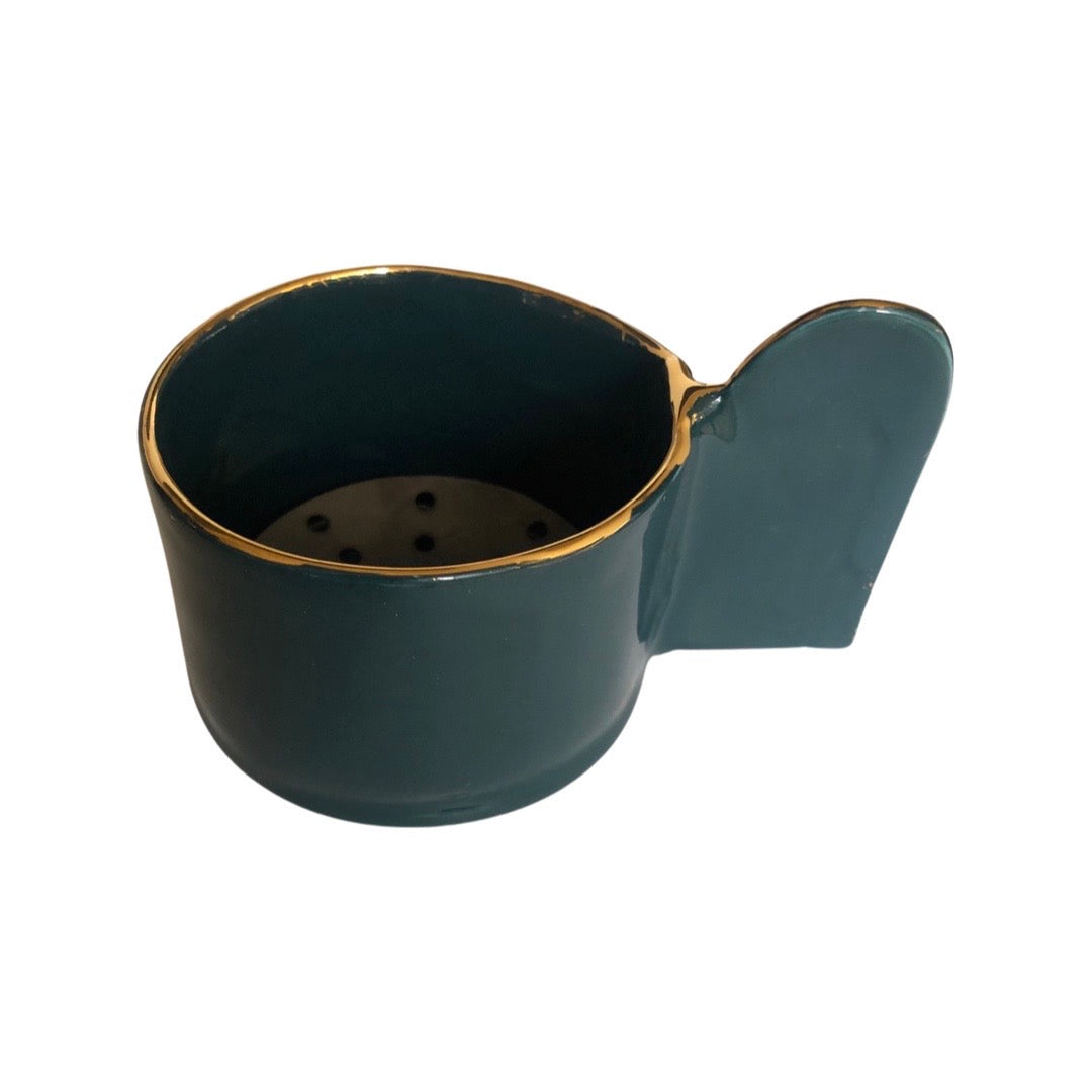 Petrol blue burner with Gold rim and elliptical handle
