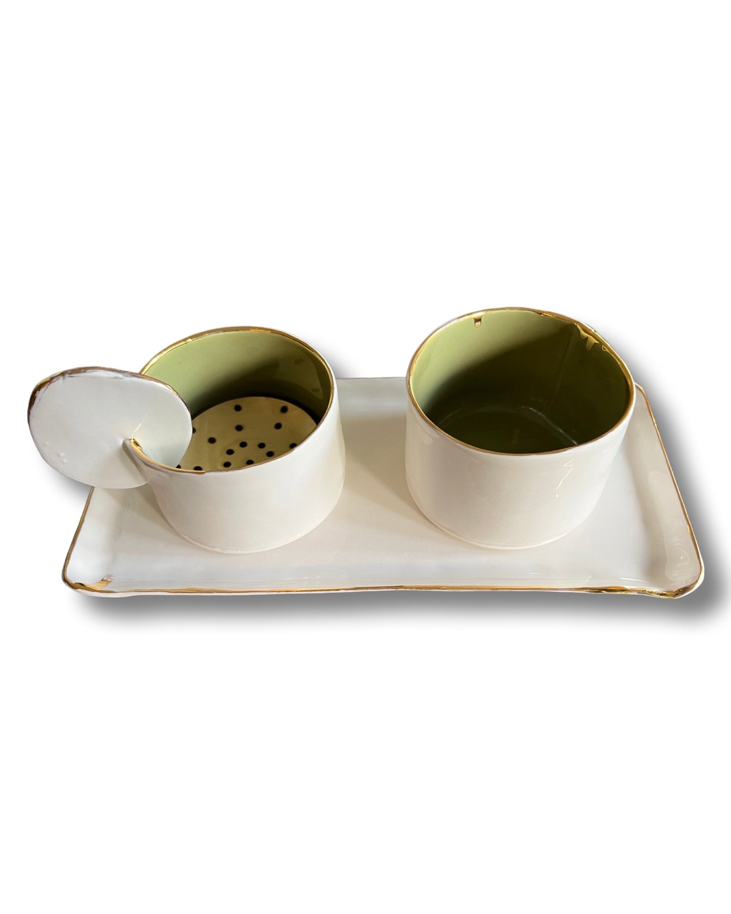 White and Green Verveine Bakoor set with gold rim