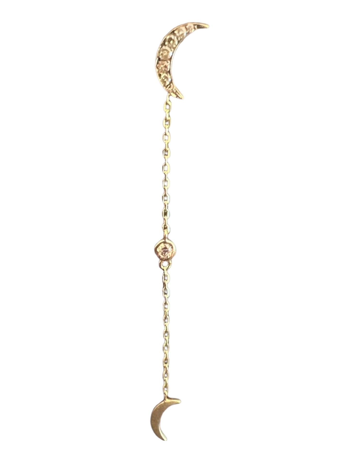 Black rhodium double crescent moon earring with a diamond drop in yellow gold