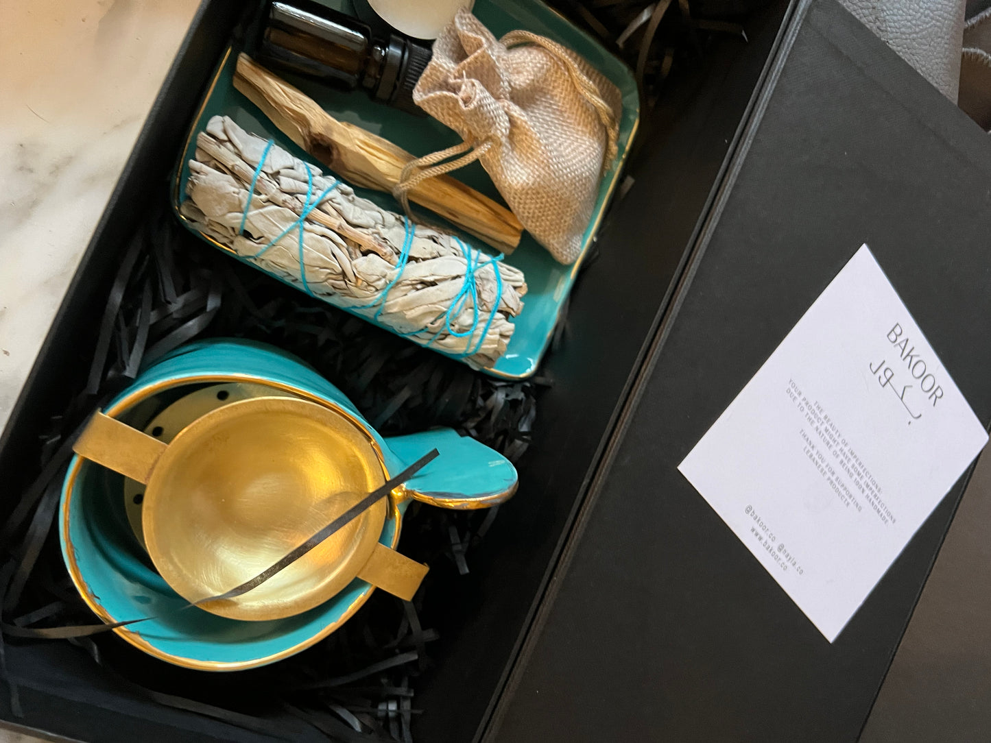 Mini turquoise Bakoor set with Gold rim