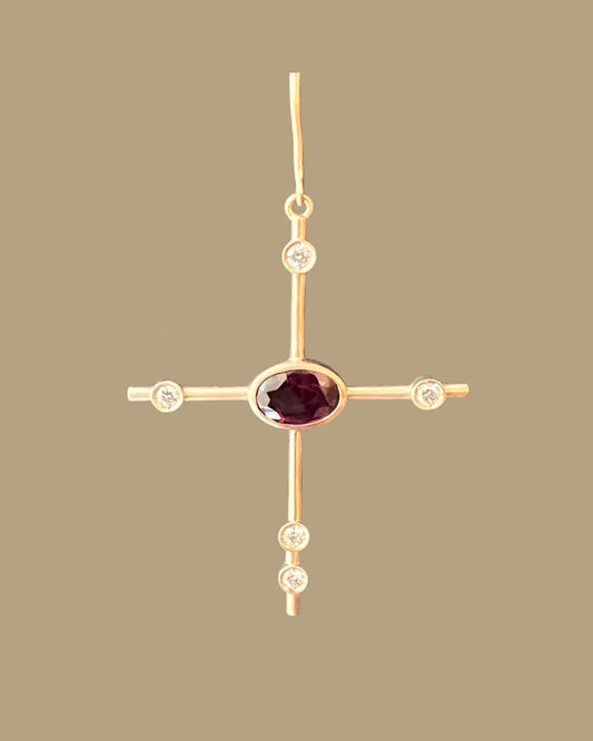 One side Cross Earring with a ruby and diamonds