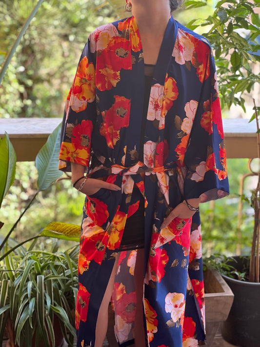 Blue and Red Printed Long kimono