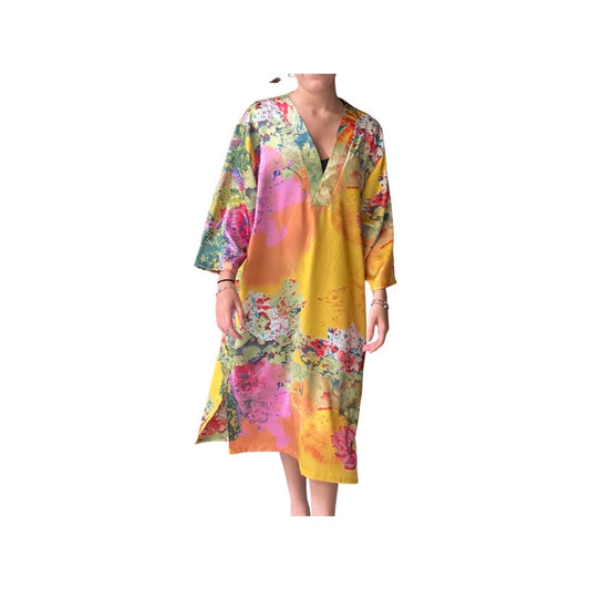 Pink and yellow closed silk kaftan dress