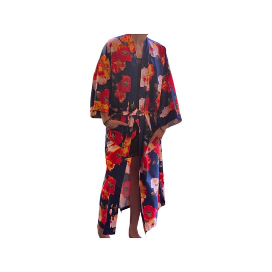 Blue and Red Printed Long kimono