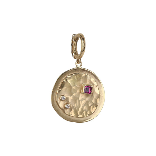 2 levels coin with princess ruby and diamond in yellow gold