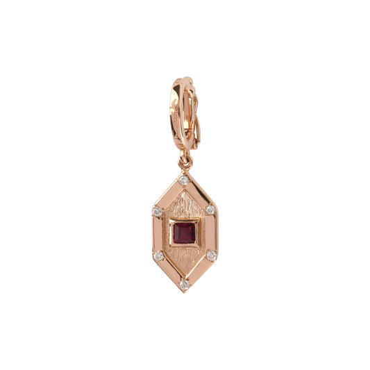 Art Deco charm with princess cut ruby and diamonds in pink gold