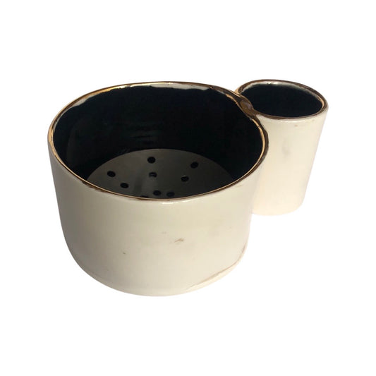 White outside black inside burner with Gold rim and cylindrical handle
