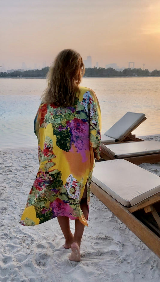 Pink and yellow open silk kaftan