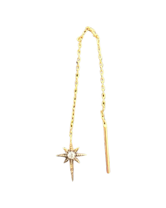 Double chain star earring with a diamond in yellow gold