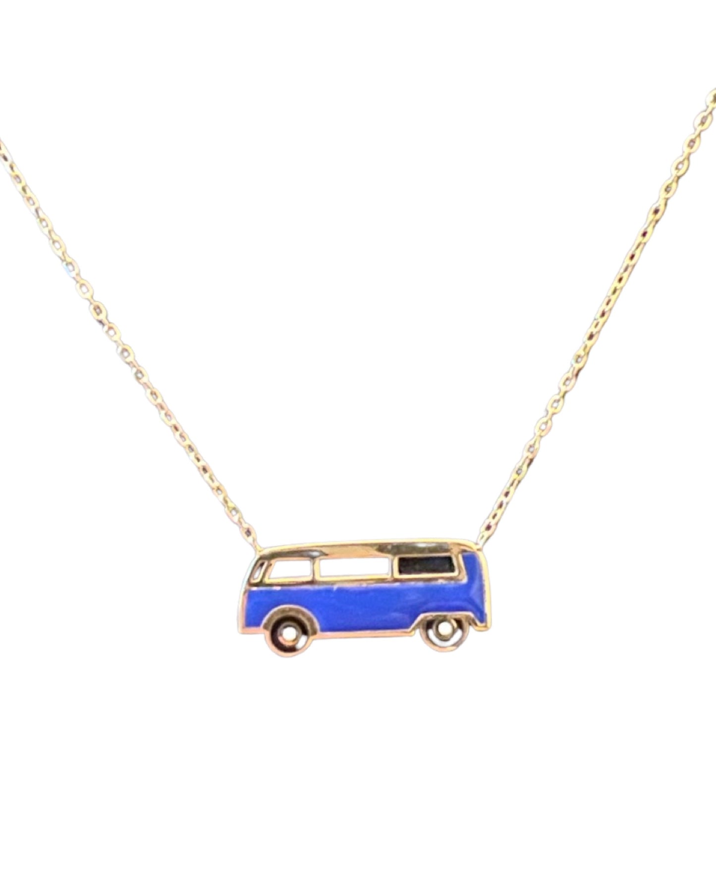 Enamel dark blue Bus necklace in yellow gold