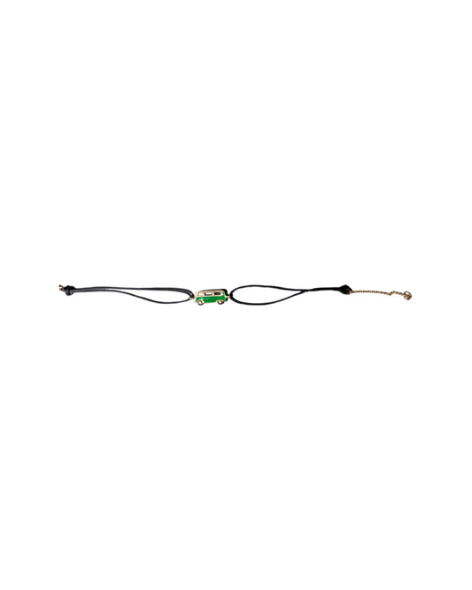 Enamel mini dark green Bus bracelet with a black cord and yellow gold