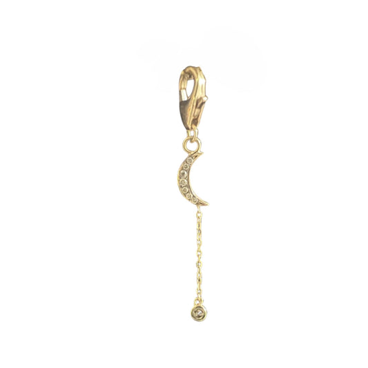 Black rhodium crescent moon charm with a diamond drop in yellow gold