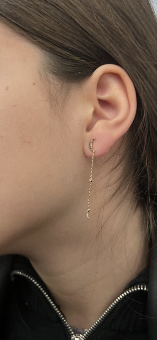 Black rhodium double crescent moon earring with a diamond drop in yellow gold
