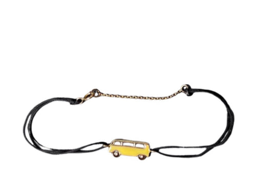 Enamel mini yellow Bus bracelet with a black cord and yellow gold